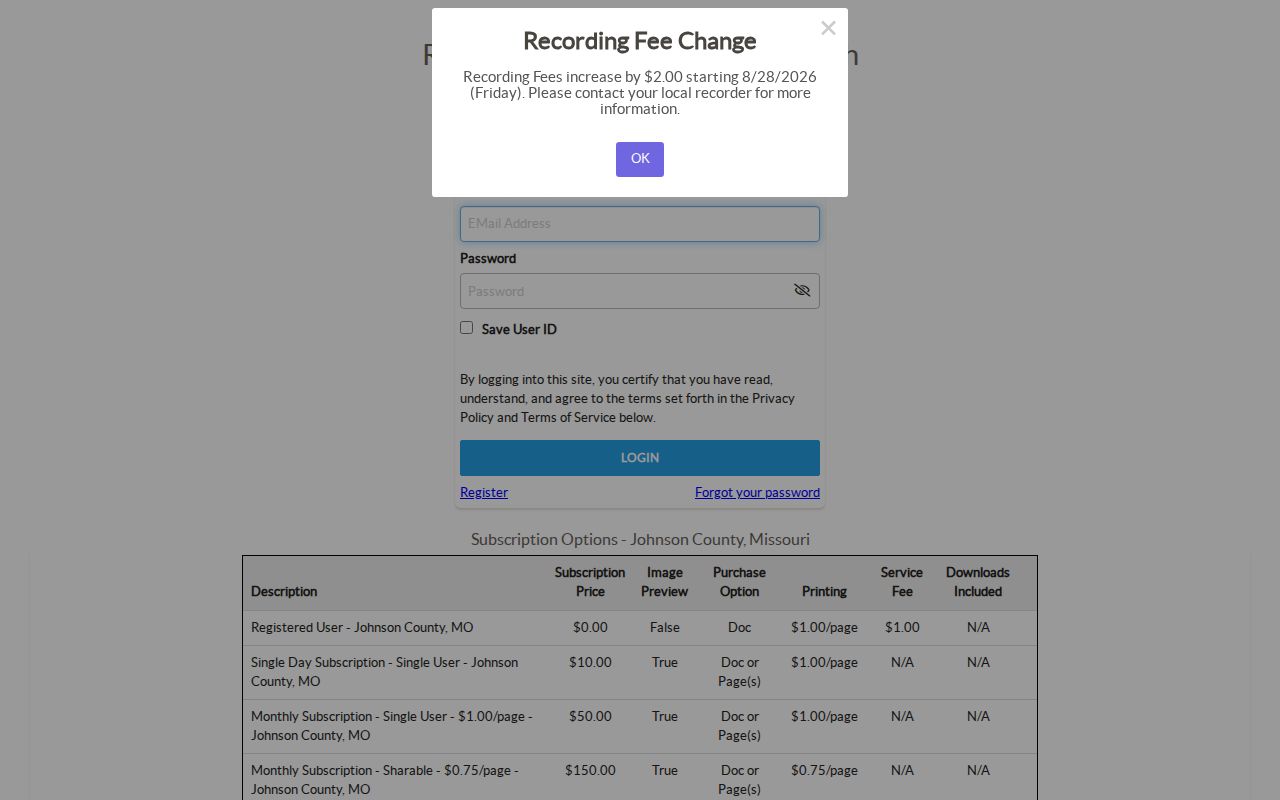 Warrensburg residents directory Johnson County iCounty Recorder subscription screen